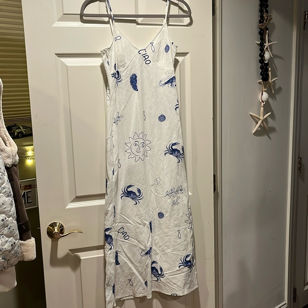 White dress with blue graphics